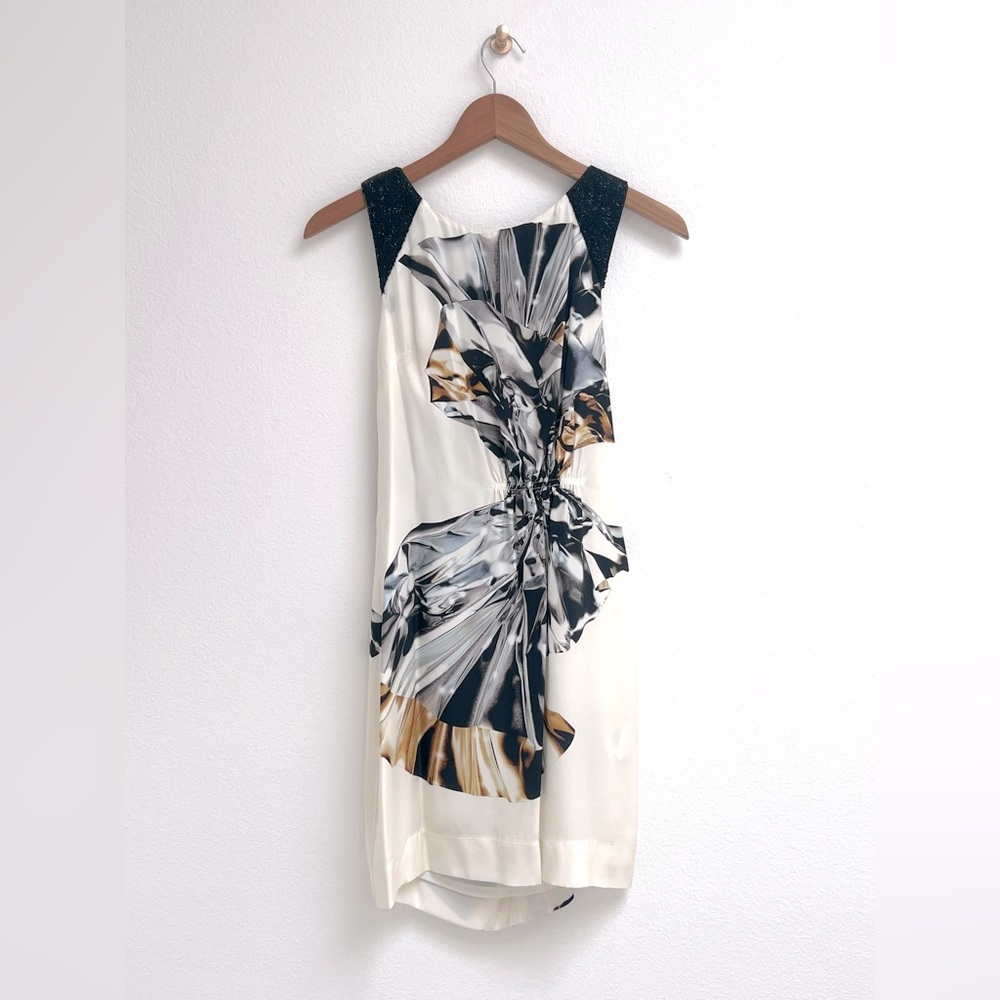 Animale Cream and Black Ruched Sheath Mini Dress with open back, Size Small